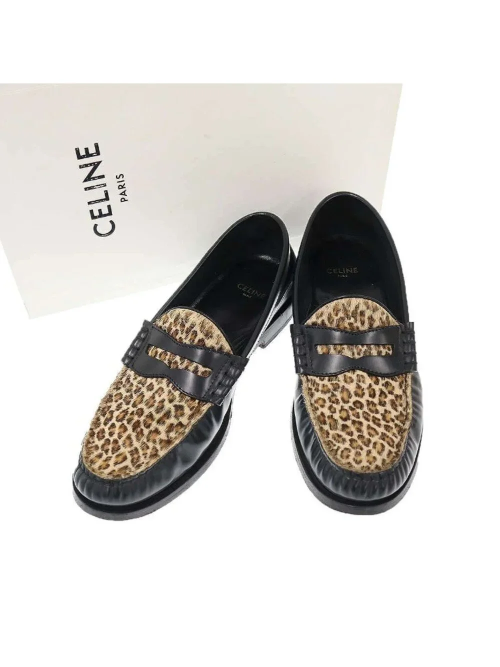 Celine Leopard Calf Hair Loafers Black Brown